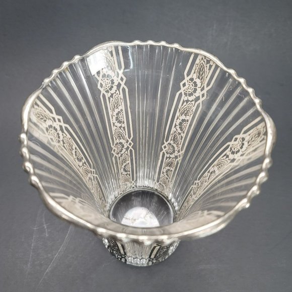 Silver Accented Fluted Glass Vase Vintage Hollywood Deco Style PR311 - Picture 3 of 13